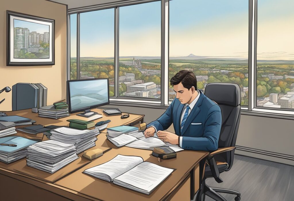 A lawyer reviews documents in a modern office, with a view of the Castle Downs neighborhood in Edmonton. Legal books and a computer are on the desk