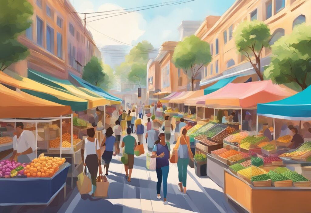 The bustling Beverly Heights Market with colorful stalls and lively shoppers. Vibrant atmosphere and diverse offerings