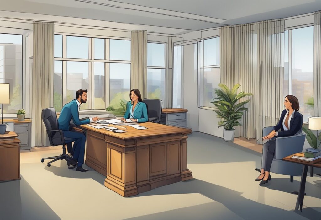 A real estate agent discusses legal and ethical considerations with clients in an office setting