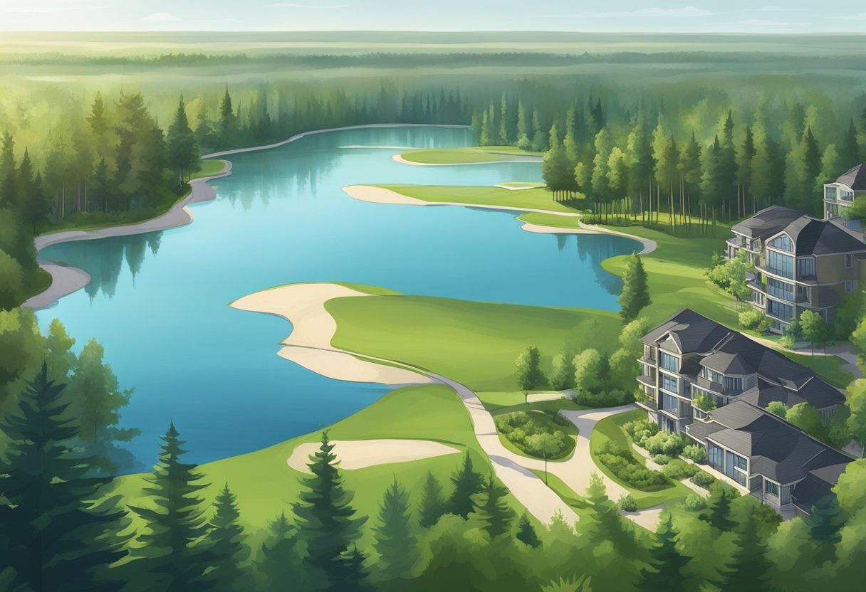 A serene lake surrounded by lush greenery and expansive real estate in Edmonton