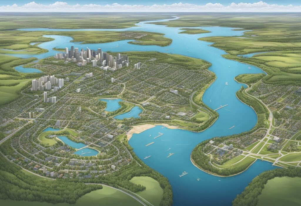 Aerial view of Big Lake, Edmonton with surrounding real estate, parks, and infrastructure