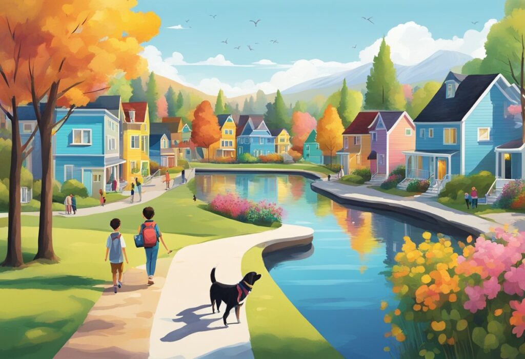 Colorful houses line the streets, with kids playing in the park and families walking their dogs. A serene lake reflects the vibrant community