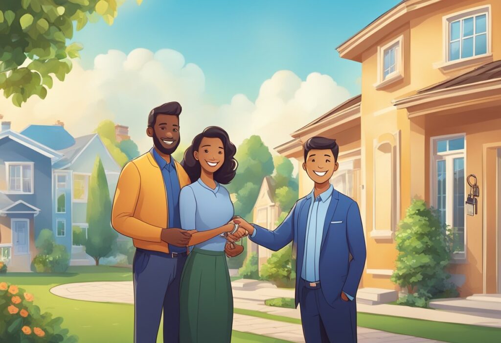 A smiling couple receives a symbolic key from a government official, surrounded by a backdrop of a new home, a bank, and various financial assistance and program logos