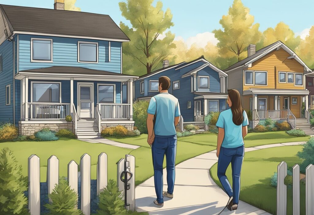 A couple researches neighborhoods, visits open houses, and meets with real estate agents before finally signing a contract for their first home in Alberta