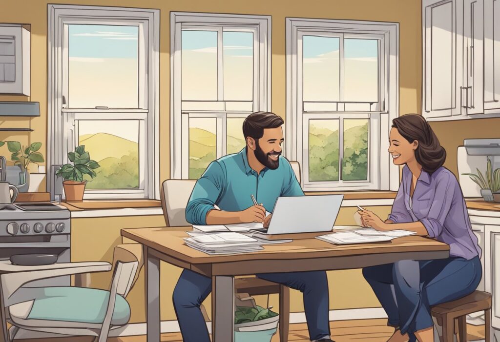 A smiling couple reviews paperwork at a kitchen table, surrounded by brochures and a laptop. A real estate agent gestures towards a "Sold" sign outside the window