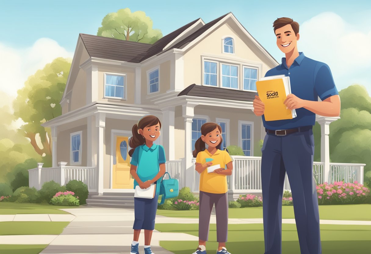 A smiling family stands in front of a charming house with a "Sold" sign. A real estate agent hands over keys while a "For Dummies" book on buying a house sits on a nearby table