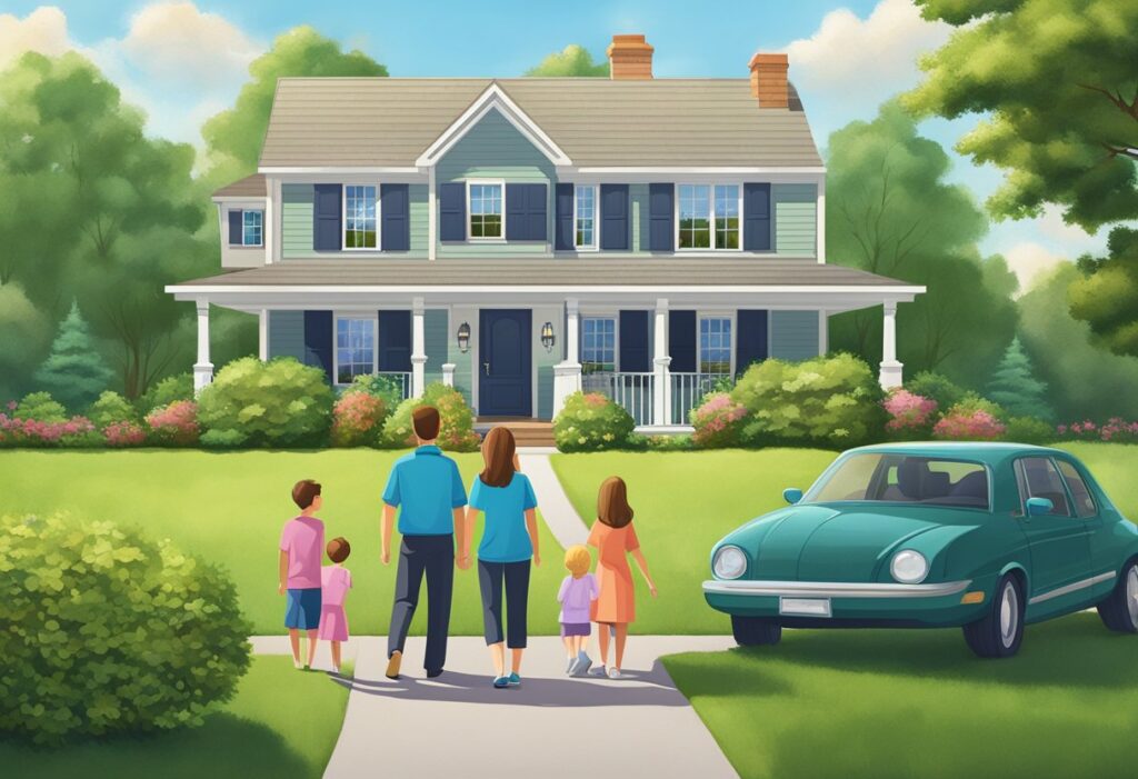 A family stands outside a charming suburban home, surrounded by a lush green lawn and a neatly trimmed hedge. A "For Sale" sign stands proudly in the front yard, signaling the beginning of their exciting home-buying journey