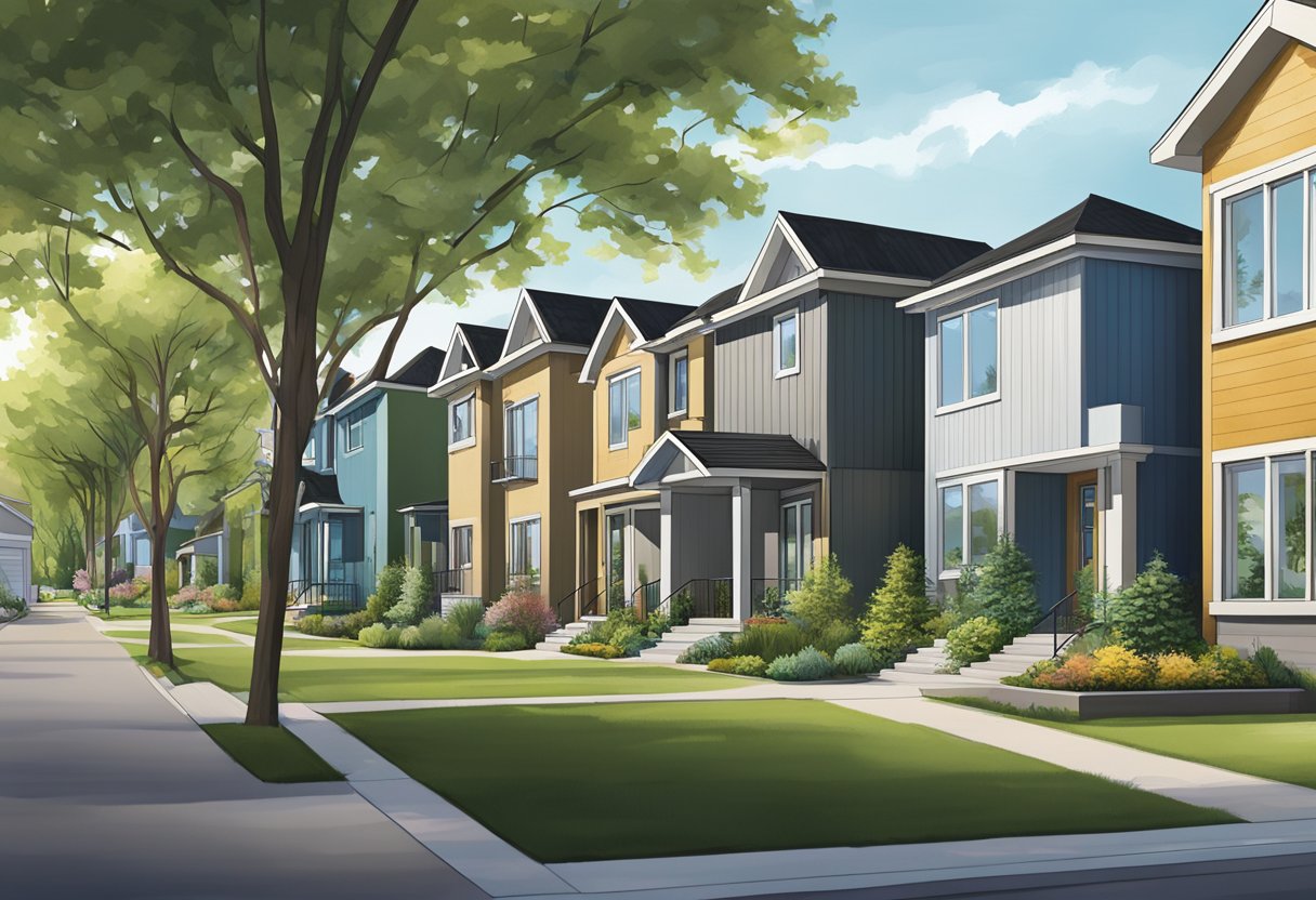 A row of modern homes in Millhurst, Edmonton, with well-manicured lawns and tall trees lining the streets