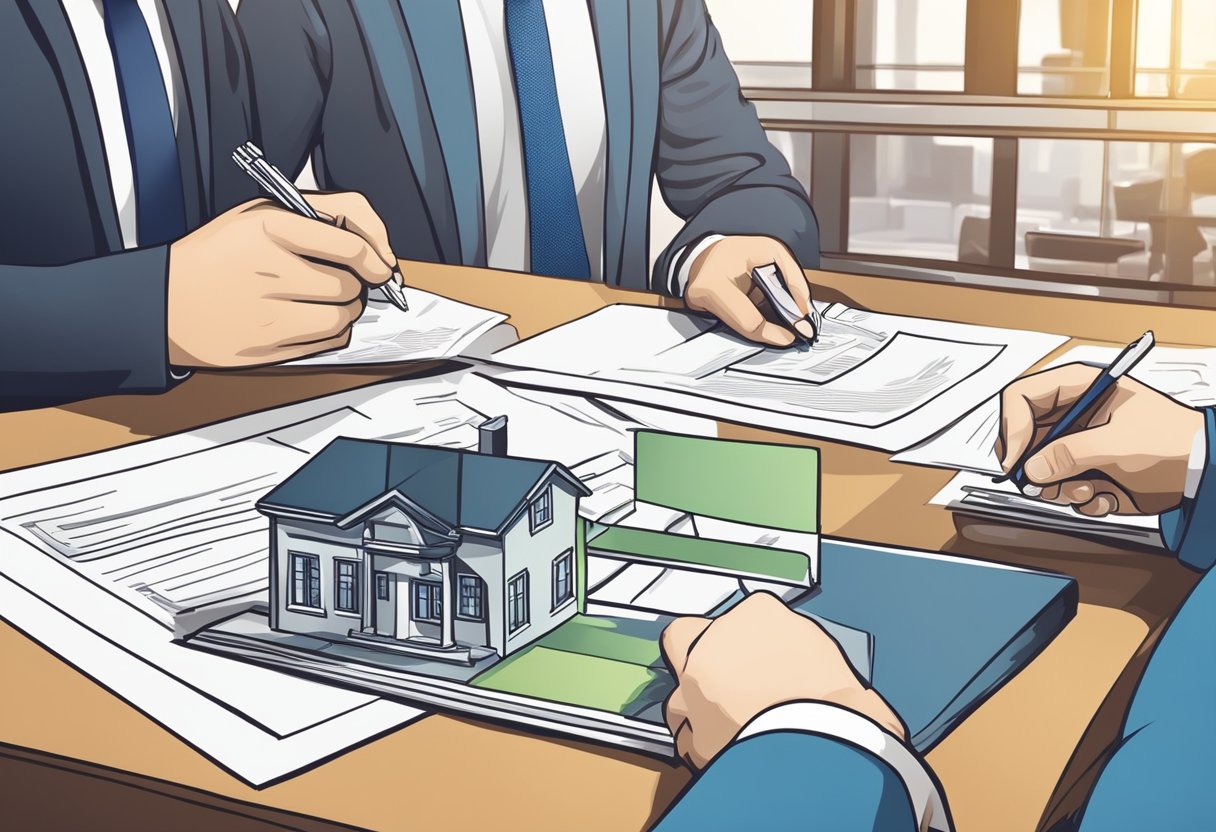 A person signs a purchase agreement for a rental property in Canada at a real estate office, exchanging money and receiving keys