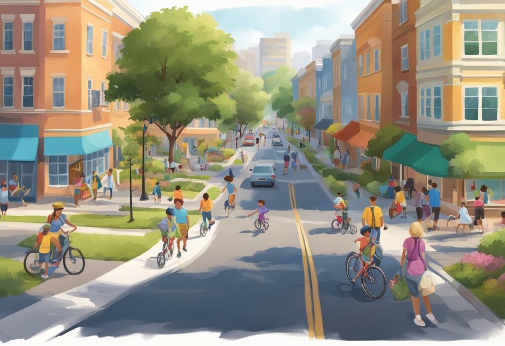 The scene includes a vibrant neighborhood with parks, playgrounds, schools, and shopping centers. There are families enjoying outdoor activities, cyclists riding along the streets, and people walking their dogs