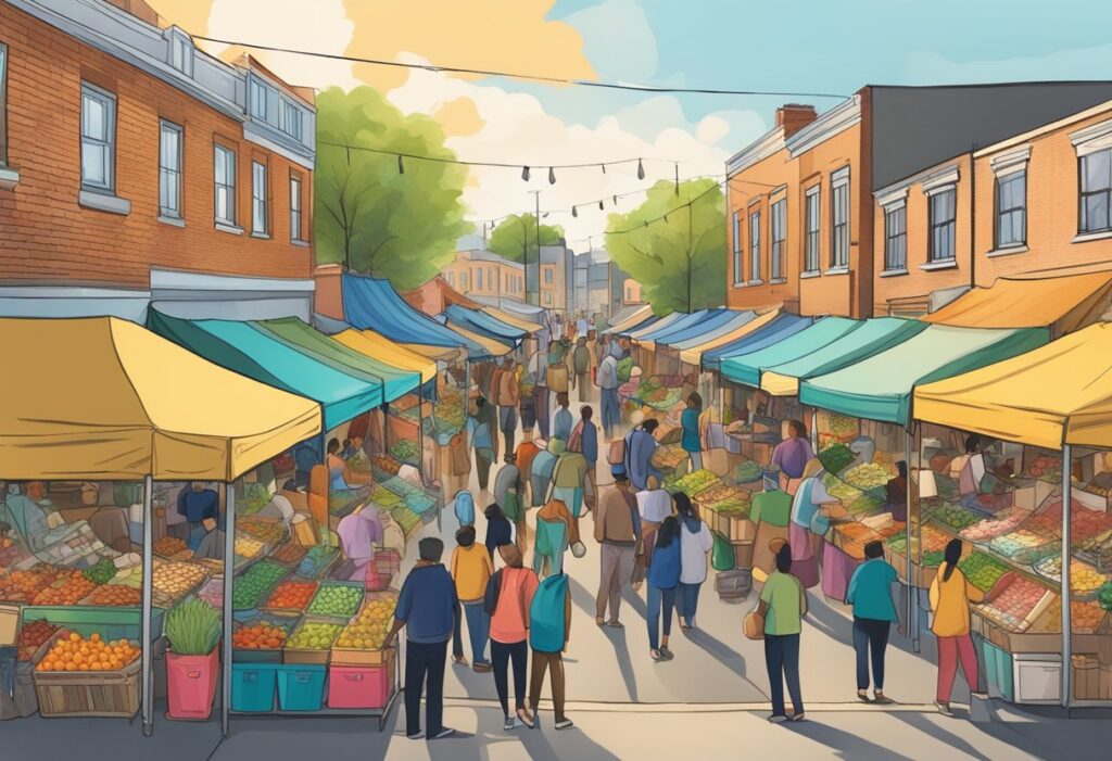 A bustling street market in Dovercourt, Edmonton. Vendors and shoppers engage in lively transactions, surrounded by colorful stalls and a vibrant atmosphere