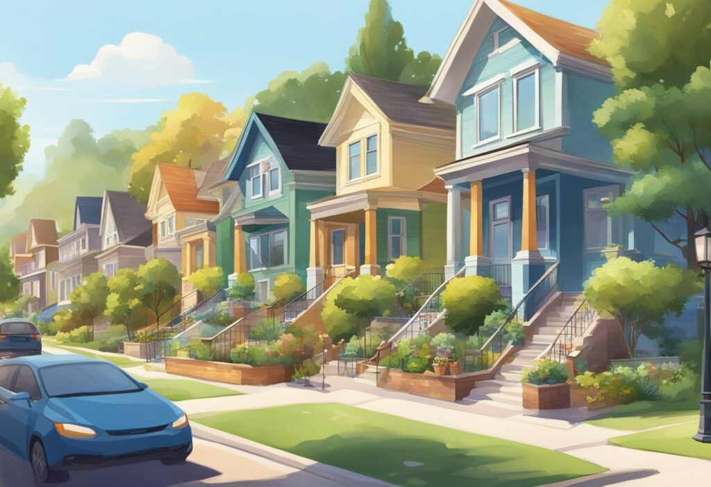 A bustling neighborhood with diverse architecture, from cozy bungalows to modern townhouses. Lush greenery lines the streets, and families stroll to nearby parks and schools