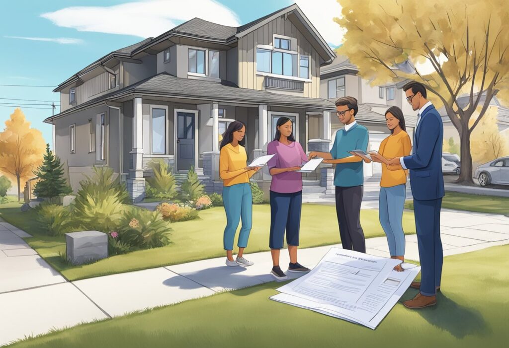 A family signing a contract for a house in Strathcona Junction, surrounded by real estate agents and a sold sign in the front yard