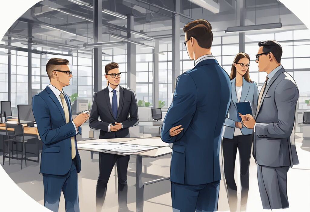 A group of professionals in suits discussing real estate plans in a modern industrial setting in Edmonton