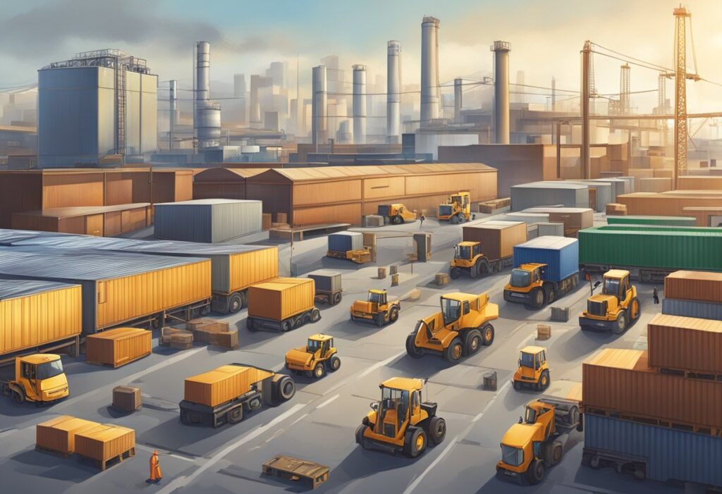 A bustling industrial area with warehouses and commercial buildings, surrounded by busy roads and heavy machinery