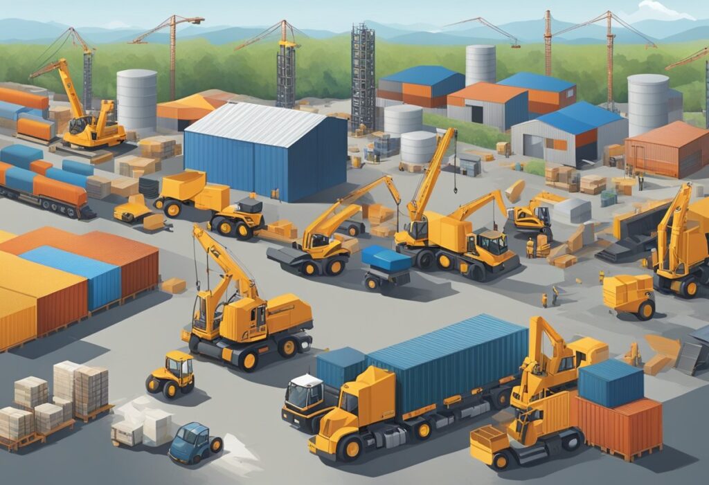 A busy industrial area with warehouses, trucks, and forklifts. Cranes and construction equipment are scattered throughout the landscape