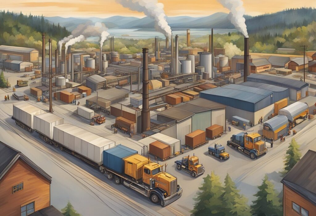 The industrial area of Maple Ridge is bustling with activity, with warehouses and factories lining the streets. Trucks come and go, transporting goods in and out of the area. Smokestacks billow with steam, and workers can be seen moving about the various