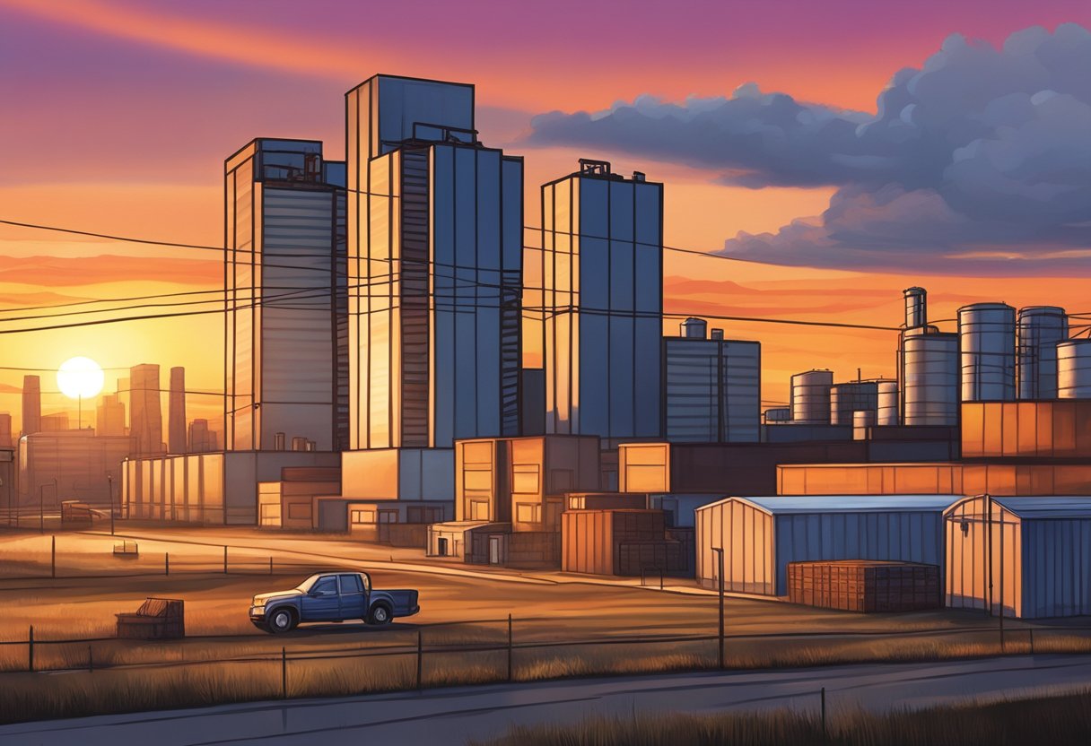 The sun sets behind the Sunwapta Industrial area in Edmonton, casting a warm glow over the real estate properties. Tall buildings and warehouses stand against the colorful sky