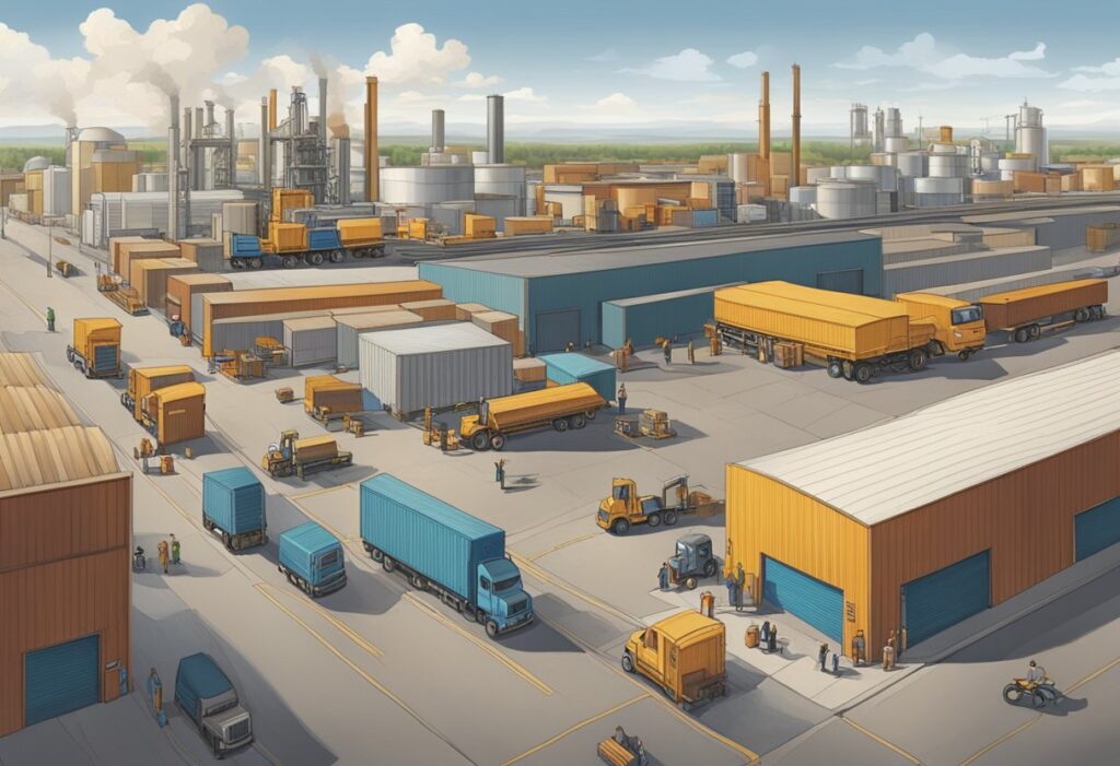 The sunwapta industrial area in Edmonton is bustling with activity as various businesses and warehouses line the streets, with trucks coming and going, and workers busy at their tasks