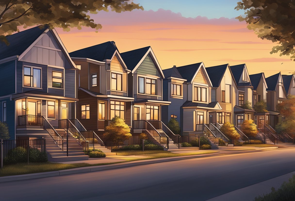 A row of modern townhouses lines the tree-lined streets of Eastwood, Edmonton. The sun sets behind the distant city skyline, casting a warm glow over the neighborhood