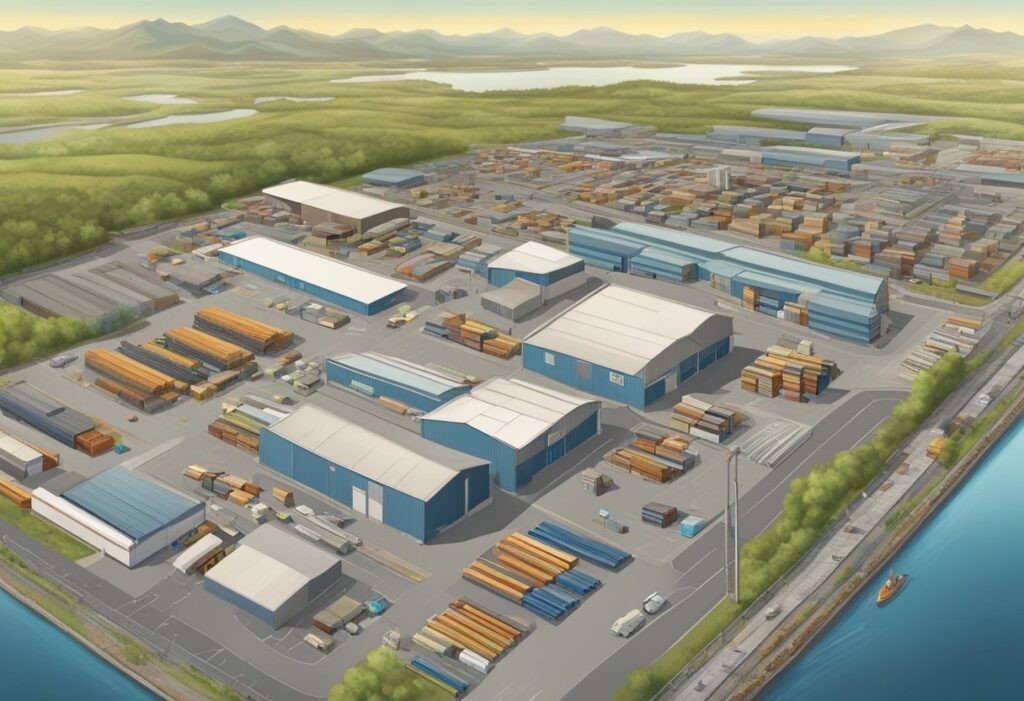 Aerial view of Bonaventure industrial area with warehouses, factories, and commercial buildings. Busy roads and loading docks indicate a thriving market