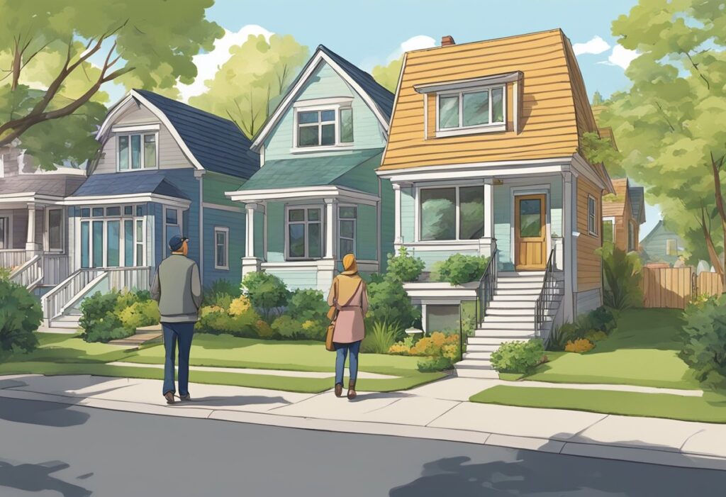 A couple walks through a charming neighborhood in Millbourne, Edmonton, admiring the quaint houses and lush greenery. They stop to chat with a real estate agent, pointing to a "For Sale" sign in front of a cozy bungalow