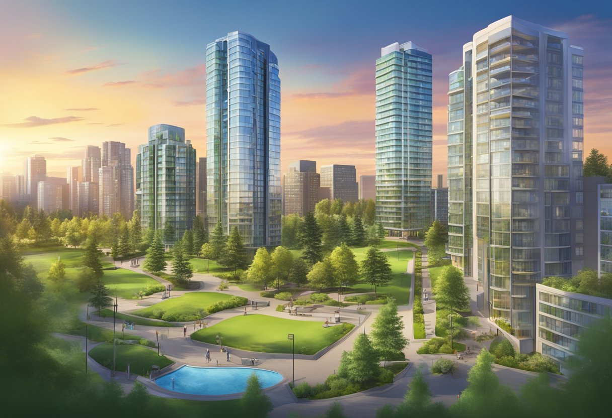 A vibrant city skyline with modern high-rise buildings and lush green parks, showcasing the diverse and dynamic real estate market of Edgemont Edmonton