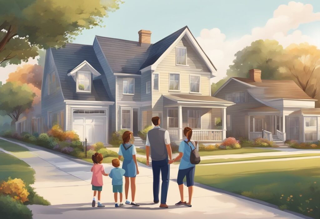 A family walks through a charming neighborhood, viewing various homes for sale. A real estate agent guides them, pointing out features and discussing the buying process