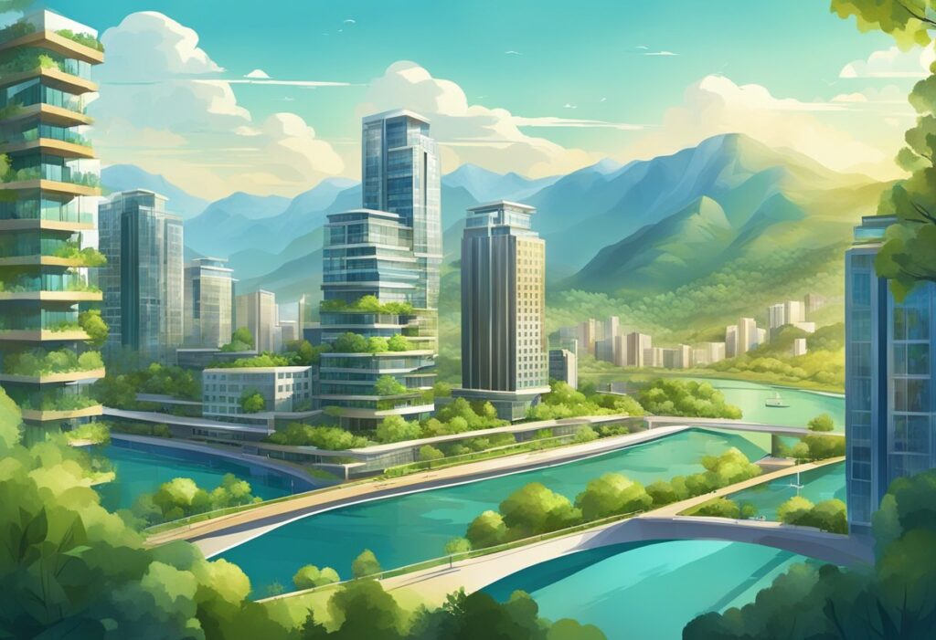 A vibrant cityscape with modern buildings and green spaces, surrounded by mountains and rivers. A mix of urban and natural elements, with a focus on real estate and development