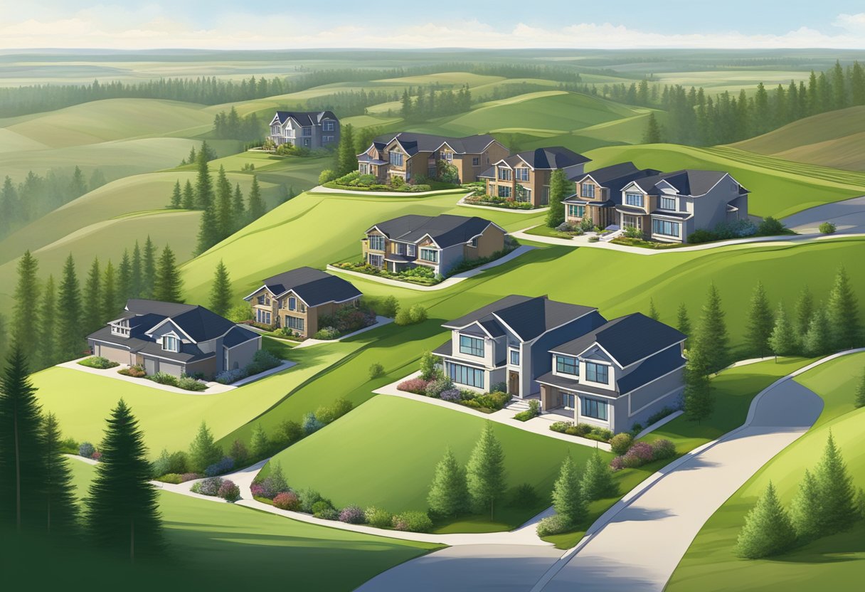 Rolling hills, lush greenery, and modern homes dotting the landscape of Uplands Edmonton real estate