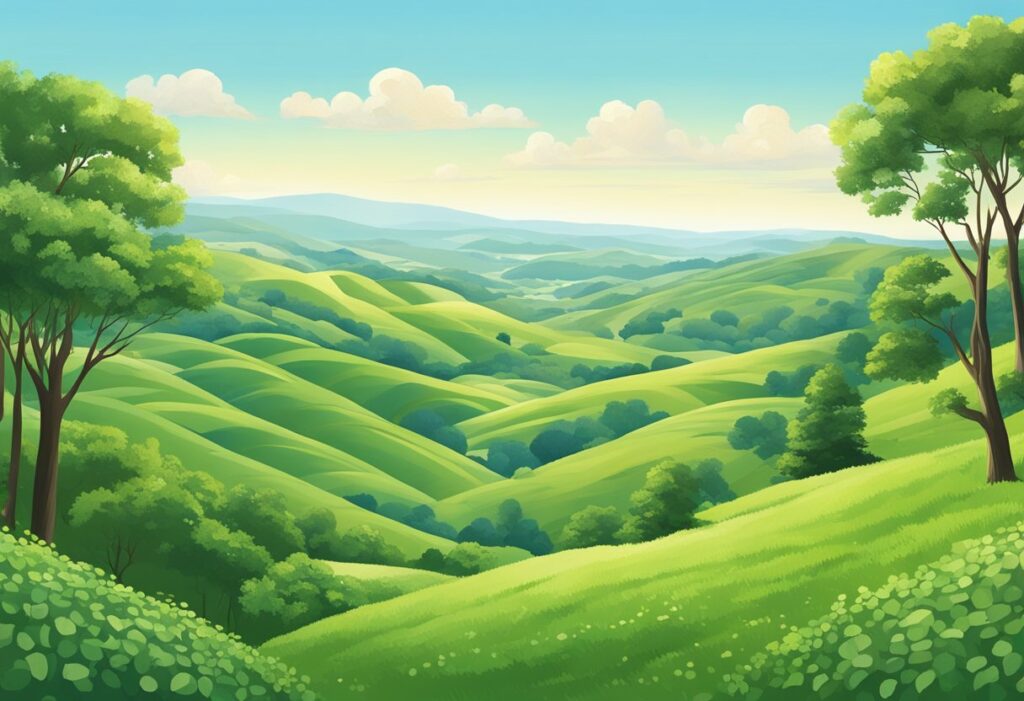 Rolling hills and lush greenery stretch out as far as the eye can see, with scattered trees and a clear blue sky overhead