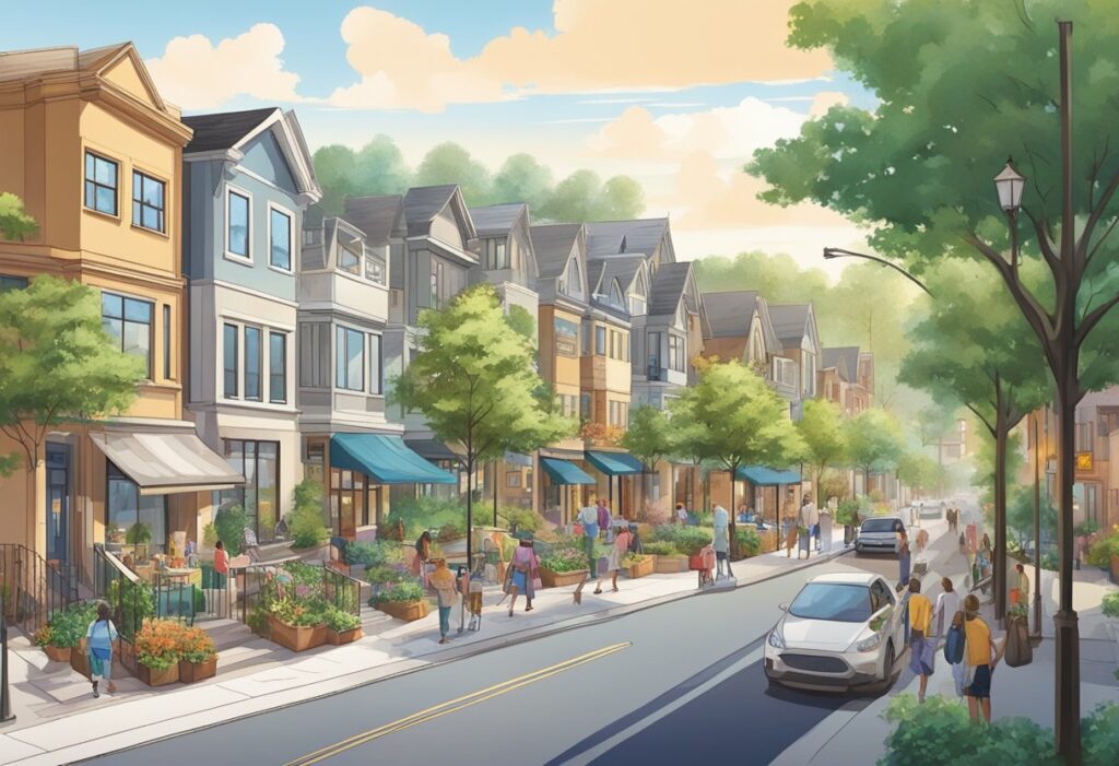 A bustling community with parks, shops, and cafes. Families stroll along tree-lined streets. Modern homes and condos dot the landscape